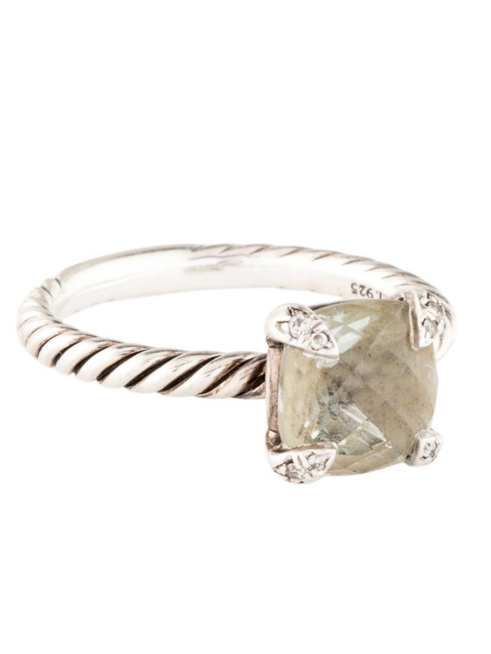 David yurman Sterling Silver Twisted Band Ring with Pale Green Cushion Gem